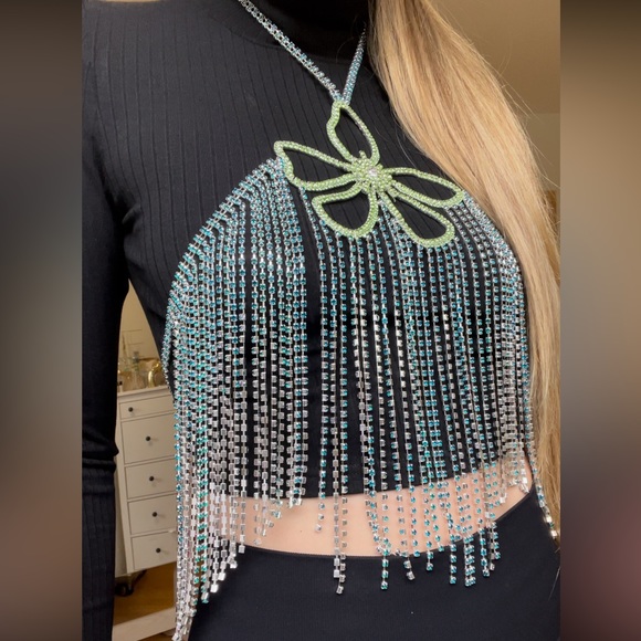 Blue & Green Rhinestone Flower Halter Top - Picture 7 of 9